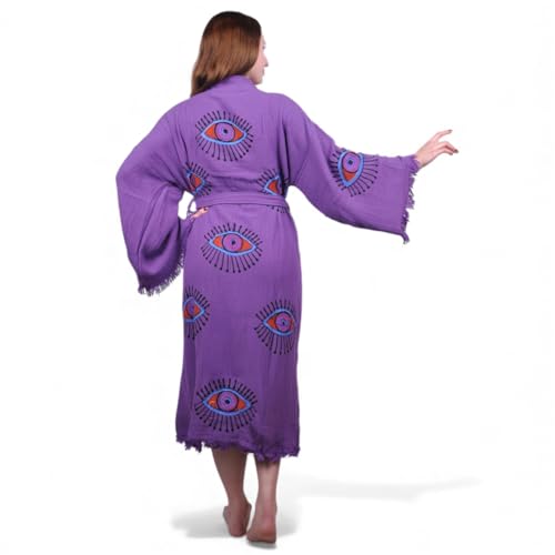 Image of Purple Evil Eye Robe - Turkish Cotton Spa Robe - Handmade Festival Women Kimono - Boho Long Cardigan - Dressing Gown