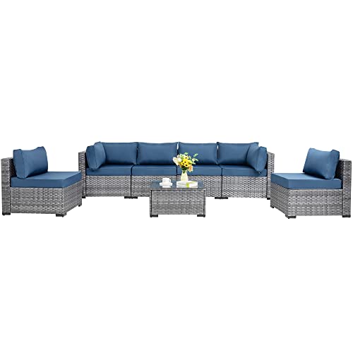 Shintenchi 7 Pieces Outdoor Patio Sectional Sofa Couch, Silver Wicker Furniture Conversation Sets With Washable Cushions & Glass Coffee Table For Garden, Poolside, Backyard (Aegean Blue) #TOP25
