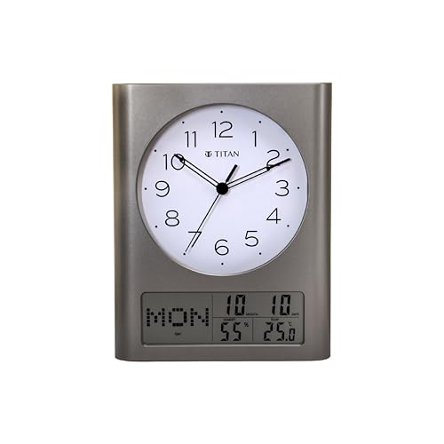 Image of Titan Analog and Digital Display Wall Clock | Day, Date & Month | Temperature & Humidity Display | Grey Case White Dial | 330x260mm | W0116PC01