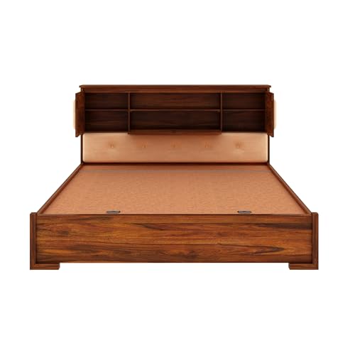 Ganpati Arts Solid Sheesham Wood Maharaja Queen Size Bed with Headboard and Hydraulic Storage Wooden Double Bed Palang for Bedroom Home (Natural Finish)
