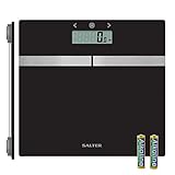 Salter 9198AR SV3R - Bilancia rileva-grasso da bagno in vetro, mem. 8 utenti, misura peso, grasso/acqua corpor., BMI, displ. LCD di facile lettura, vetro temprato ultra sottile, batterie incl., nero