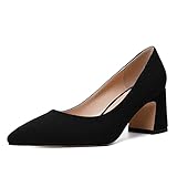 NUMALEO Women's 2.5 Inch Mid Heel Pointed Toe Wedding Dress Solid Suede Slip On Chunky Pumps Shoes Black Size 9.5 - Zapatos de Tacon para Mujer