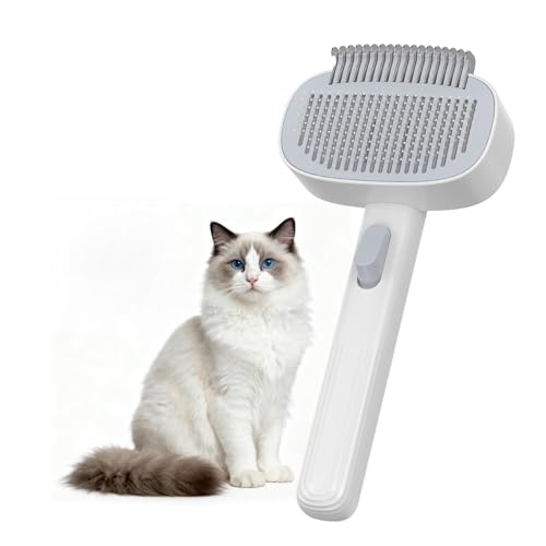 犬・猫 ブラシ 痛くない ヒーリングブラシ 顺毛+結び目を結ぶ 2 in 1 0.33mm精密櫛 調整可能な櫛歯 45°傾斜角結歯櫛 長毛・短毛種 くし ワンマッサージしながら抜け毛除去 ボタンを押して抜け毛が簡単に取れる ペットグルーミングブラシ 猫・犬兼用の商品画像（Amazon）