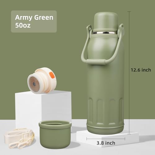 Image of Konokyo 50oz Thermos for Cold Drinks, Insulated Water Bottle, Army Green