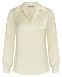 GRACE KARIN Women's Satin Shirts Collared V Neck Long Sleeve Business Casual Work Blouses Dress Shirts Apricot S