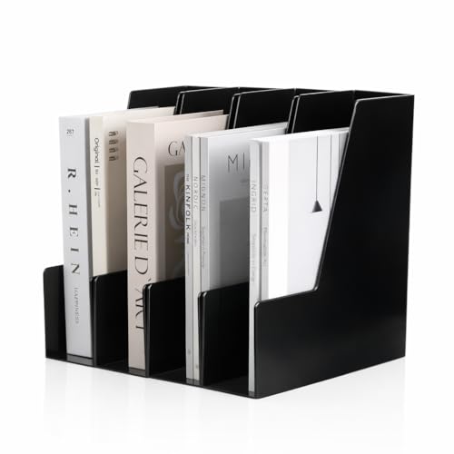CiWiVOKi Vertical Magazine File Holder, Desk Organizer and Storage for Magazines, Binders, Notebooks, Envelopes, Multi-Purpose Desktop File Organizer for Home, Office & Classroom, 4 pack, Black