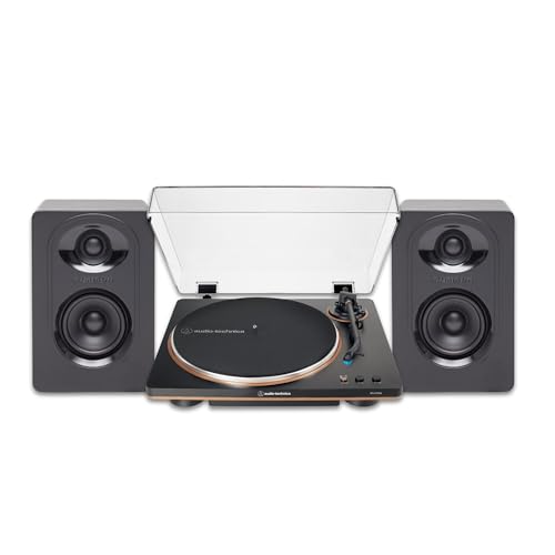 Audio-Technica AT-LP70X-BZ Fully Automatic Belt-Drive Turntable (Black and Bronze) Bundle with SAM30 3-Inch Powered Studio Monitors Pair with Polypropylene Woofers (Black) (2 Items)