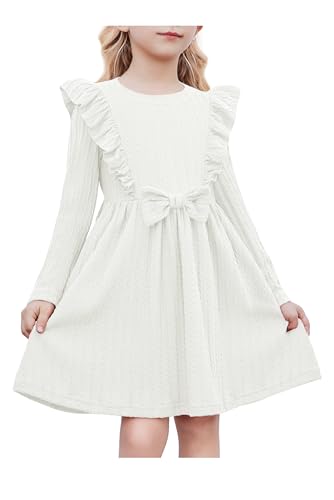 Arshiner Mädchen Kleider Rüschen Ärmel Freizeitkleid Fliege Rippstrick A-Linie Langarmkleid Festliche Herbst Winter Kleid für Kinder 6-7 Jahre Weiß