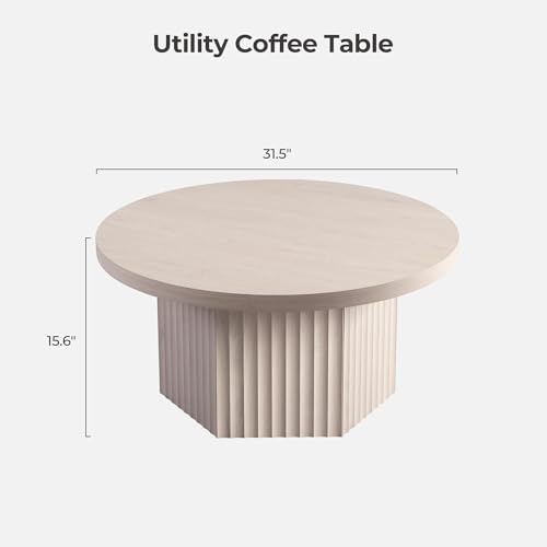 Image of SICOTAS 32 inch Modern Round Coffee Table, Mid Century Fluted Coffee Table with Storage, Accent Center Table for Living Room, Small Space, Apartment, White Alder