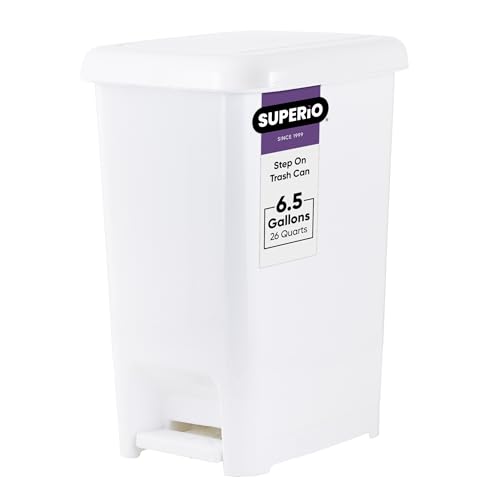 Image of Superio 6.5 Gallon Slim Step On Pedal Plastic Trash Can, Waste Bin for Under Desk, Office, Bedroom, Bathroom - 26 Qt, White