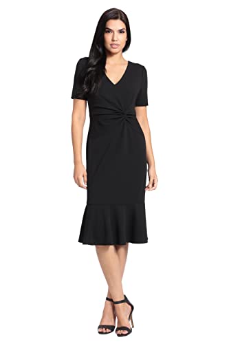 London Times Womens V-Neck Twist Midi with Flounce, Dress, Black