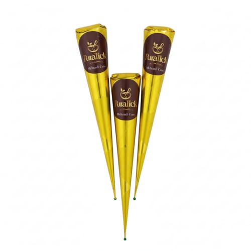 PuraTick 3 pcs x 35 Gram XL Henna Mehndi Cones | Dark Brown Mehndi | All Natural Body Art Organic Herbal Temporary Tattoo | Pack of 3