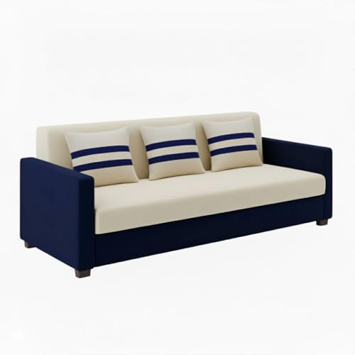 Image of FURNY Lifestylio 3 Seater Fabric Sofa Set (Cream-Dark Blue) Premium Velvet Finish | Ideal for Living Rooms, Offices