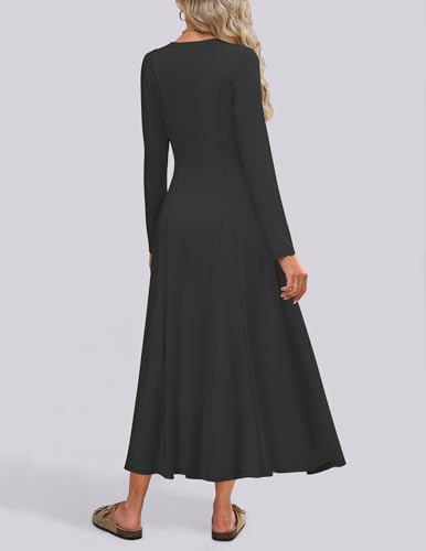 Image of ZESICA Women's Elegant Maxi Dresses 2026 Fall Long Sleeve Button Casual A Line Boho Flowy Dress with Pockets