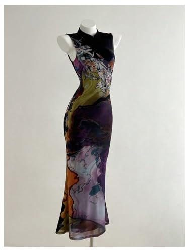 GORGLITTER Women's Mesh Floral Dresses Mandarin Collar Cheongsam Dress Sleeveless Evening Party Dresses4