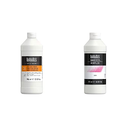 Liquitex Professional High Gloss Varnish, 946ml (32-oz) & BASICS Gesso Surface Prep Medium, 473ml (16-oz) Bottle, White