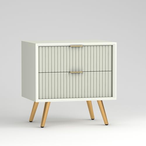 Image of CRAFT D ARTS Wooden Bedside Table for Bedroom with 2 Drawers | Nightstand Lamp Table for Home & Hotels | Side Table for Living Room | HDMR Premium Wood & Iron Golden Legs | White | 17x14x19 Inch
