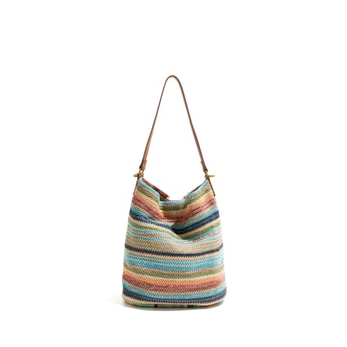 Sac seau à rayures colorées en cuir avec poignée supérieure pour smartphone