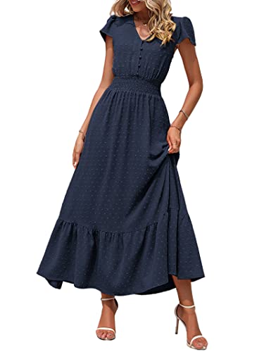 PRETTYGARDEN Womens Dresses 2025 Summer Maxi Dress Boho Short Sleeve V Neck Swiss Dot Ruffle Tiered Smocked Flowy Long Dress