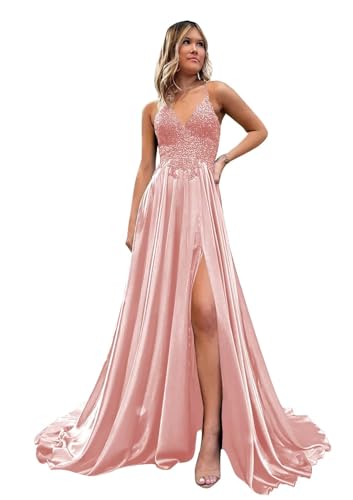 SOB Spaghetti Strap Satin Prom Dresses for Women A-Line Laces Appliques Evening Formal Gowns with Slit