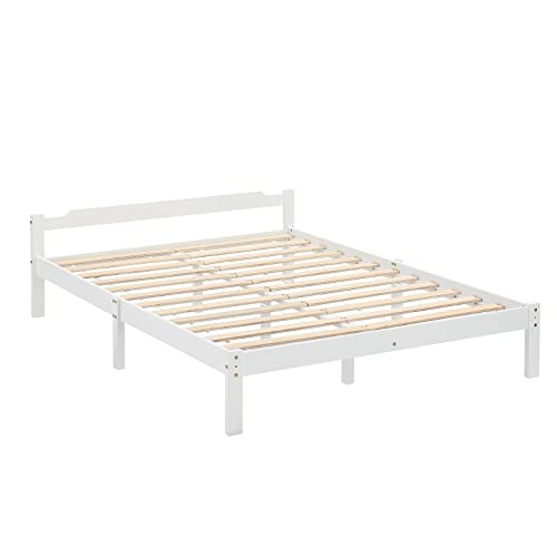 IPOTIUS Lit Double Cadre de Lit en Bois Massif, Lit 2 Personnes avec Sommier à Lattes pour Enfants Adultes, Blanc, 140 x 190 cm Cover
