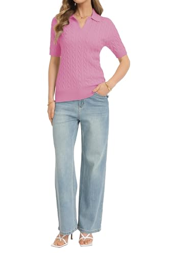 Image of QUALFORT Cable Knit Women's Short Sleeve Sweater Soft V Neck Polo Tops