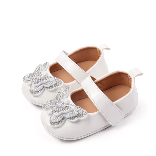 Baby Girls Mary Jane Flats Pu Leather Non Slip Rubber Sole Rhinestone Butterfly Princess Wedding Dress Shoes Toddler First Walkers Infant Newborn Baptism Crib Shoes