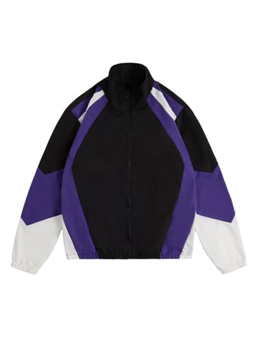 SOLY HUX Mens Varsity Jacket Zipper Color Block Windbreaker Jackets Long Sleeve Coats Streetwear Black Purple White X-Large