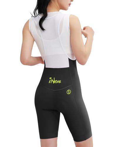 INBIKE Fahrradhose Damen Kurz Gepolstert Fahrrad Trägerhose Sommer Radhose Radlerhose mit Träger Tasche für Rennrad MTB Radsport Schwarz S