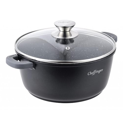 Cheffinger Kochtopf Aluguss Induktion Ø32cm Suppentopf Pfanne Topf Deckel Brattopf Schwarz, CF-DC32 BLK
