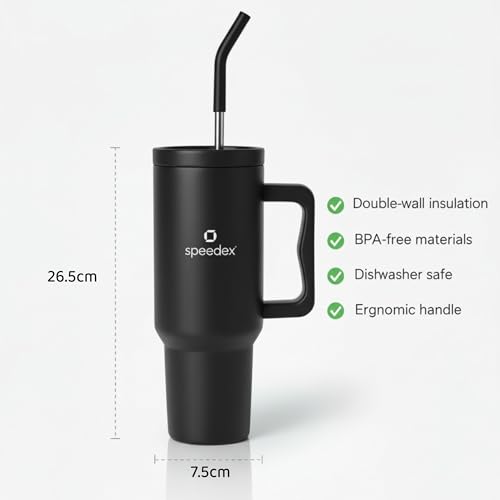 Image of Speedex 1200 ml Insulated Stainless Steel Tumbler with Handle, Straw & Cleaning Brush, Double Wall Leakproof Sipper Bottle, 24H Cold 18H Hot, Cup Holder Fit Travel Mug for Men Women (Black, 1.2 l)
