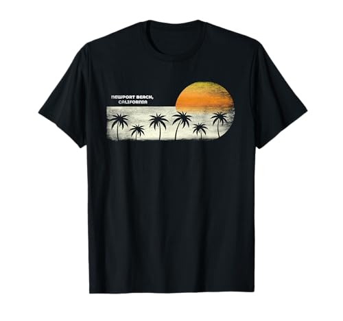 Vintage Newport Beach CA Ocean Sunset and Palm Trees T-Shirt