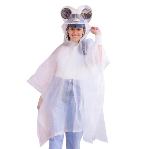 Adult Rain Poncho, Clear Waterproof Protective Cover with Mouse Ear Hood, One Size Fits Most, Side Snaps, Drawstring Closure, Theme Park Ready