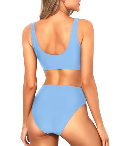 Image of Tempt Me Women Two Piece Scoop Neck Bikini Crop Top High Cut Swimsuit Sporty High Waisted Bathing Suit with Bottoms