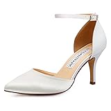 ELEGANTPARK HC1811 Wedding Shoes for Bride Ankle Strap Wedding Heels for Women D'Orsay Bridal Shoes Pumps Satin Evening Party Prom Dress Shoes Ivory US 8.5