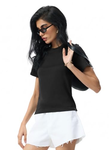 Image of The Souled Store Casual Classics: Women and Girls Short Sleeves Spread Collar Solid Cotton Regular Fit Breathable Lightweight Trendy Everyday T-Shirt