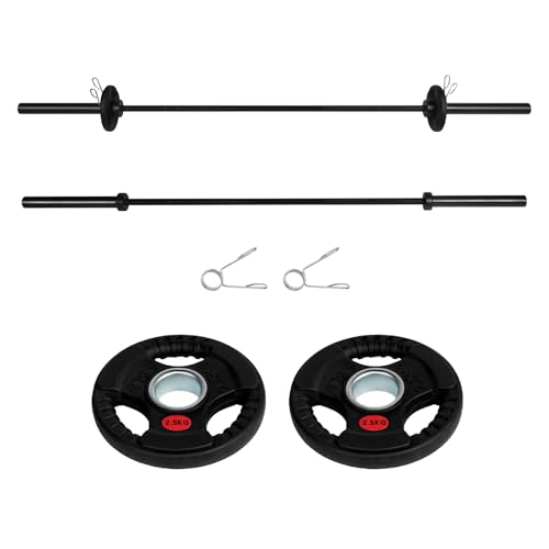 ALLINLIFE Barra Olímpica 150/180/220cm (13-20kg) + Par de Discos Tri-Grip de Caucho 2.5/5/10kg - Kit 18-40kg Gimnasio en Casa (150cm - 18kg (con Muelles))