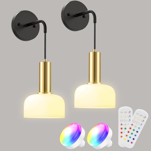 HURYEE Apliques de pared que funcionan con pilas, juego de 2 lámparas de pared de vidrio recargables, RGB regulables, modernas, sin alambre, con control remoto, accesorio de iluminación colgante para