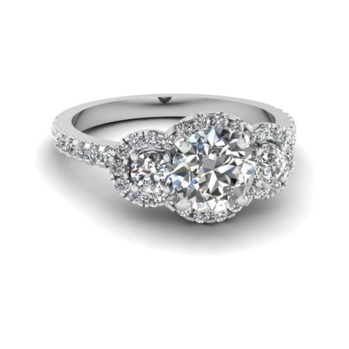 Image of 55Carat Choose Your Gemstone Delicate 3 Stone Halo Diamond CZ Ring Sterling Silver Round Shape Halo Engagement Rings Everyday Jewelry Wedding Jewelry Handmade Gifts for Wife US Size 4 to 12