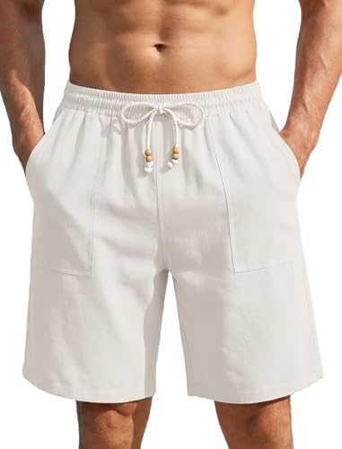 COOFANDY Mens Summer Shorts Linen Beach Casual Dress Shorts Hawaiian Soft Lightweight Loose Fitting Chino Shorts Off White