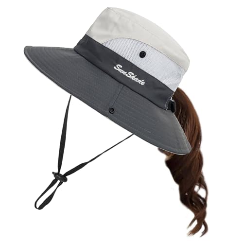 Image of Sun Hat for Women Summer UV Protection Beach Hat Wide Brim Mesh Bucket Fishing Hat with Ponytail Hole Foldable Packable Hat