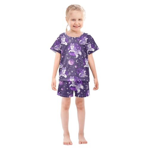 ALAZA Wolf Starry Sky Pajamas Set Short Sleeve Cotton Sleepwear Summer Pjs 2 Piece 5-14Y3