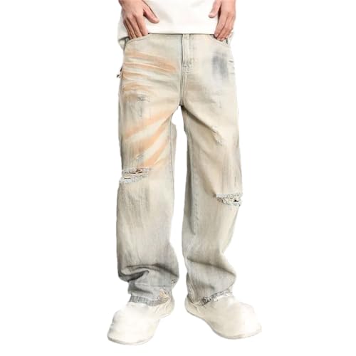 Men’S Punk Style Loose Fit Straight Leg Denim Street Pants Zipper Fly Midweight Full Length Trousers Pockets