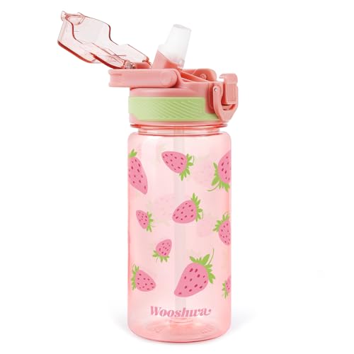 omedecal Trinkflasche mit Strohhalm Auslaufsicher Wasserflasche für Sport 480ml BPA-frei Tragegriff Spülmaschinenfest - Erdbeere