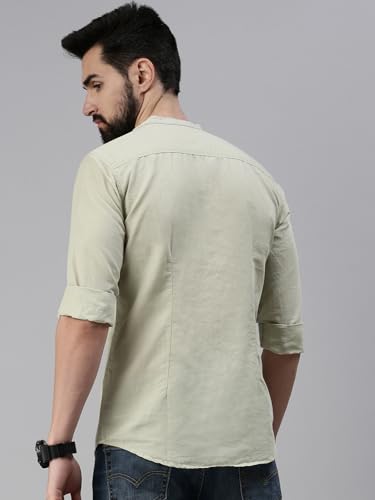Image of SHOWOFFFF Men Solid Casual Shirt | Mandarin Collar Full Sleeves Cotton Shirt for Mens | Slim Fit Regular Length Shirt for Men's