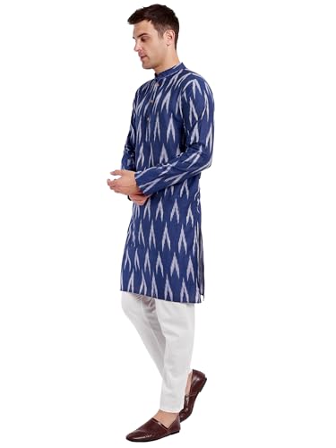Image of SKAVIJ Men's Pure Cotton Printed Kurta Pajama Set Ikat Design Casual Ethnic Dress