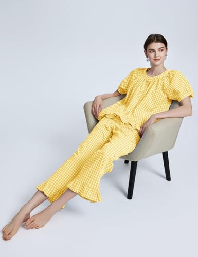 Flygo Womens Plaid 2 Piece Pajamas Sets Gingham Button Down Puff Sleeve Babydoll Shirt Ruffle Pants Y2K Pjs Lounge Set