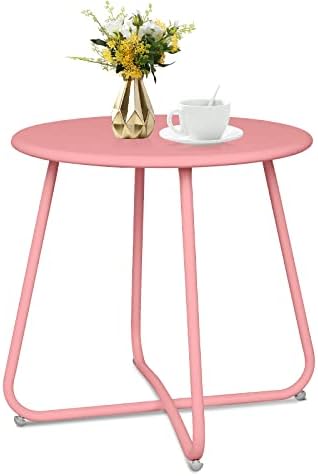 ECOMEX Outdoor Side Table for Patio, Round Metal Patio Side Table Small Sofa End Table, Patio Waterproof Accent Coffee Table for Living Room Bedroom Garden Balcony Patio(Pink)