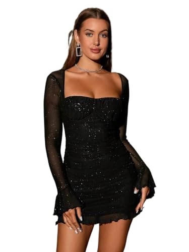 Women 2025 Summer Dress Square Neck Lettuce Trim Ruched Dress