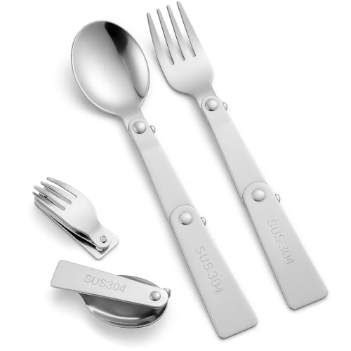 Trifletopia 2PCS Foldable Spoon & Fork Set – 304 Stainless Steel Sporks for Travel, Camping, Hiking & Outdoor Picnic, Portable (Silver)